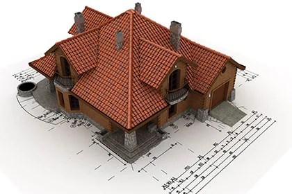 ein Modellhaus mit einem Dach und einer technischen Zeichnung